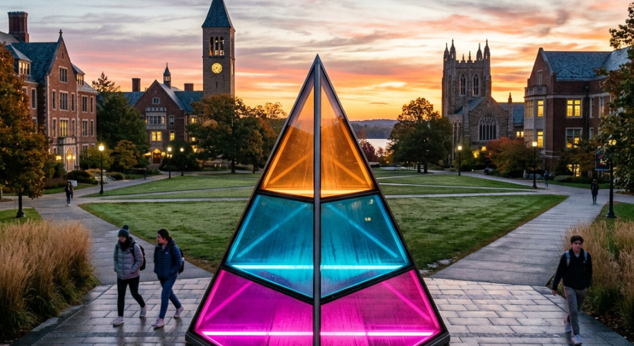 Illuminated pyramid sculpture with orange, blue, and pink panels on university campus