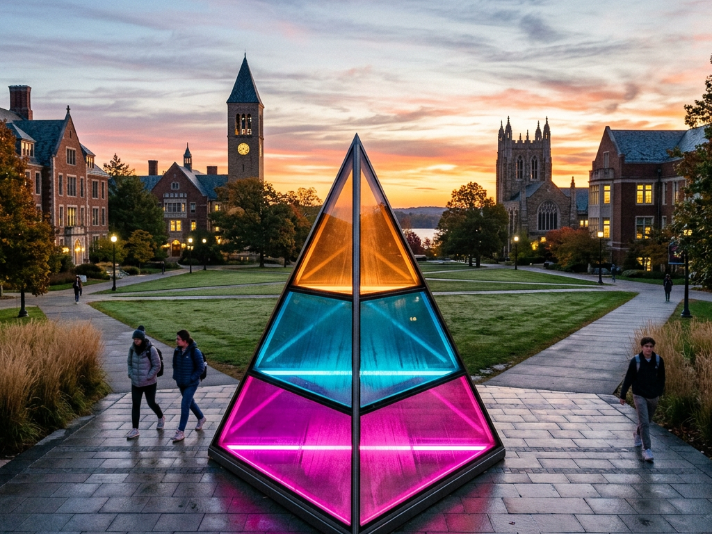Illuminated pyramid sculpture with orange, blue, and pink panels on university campus