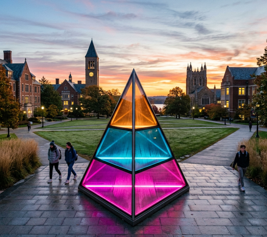 Illuminated pyramid sculpture with orange, blue, and pink panels on university campus